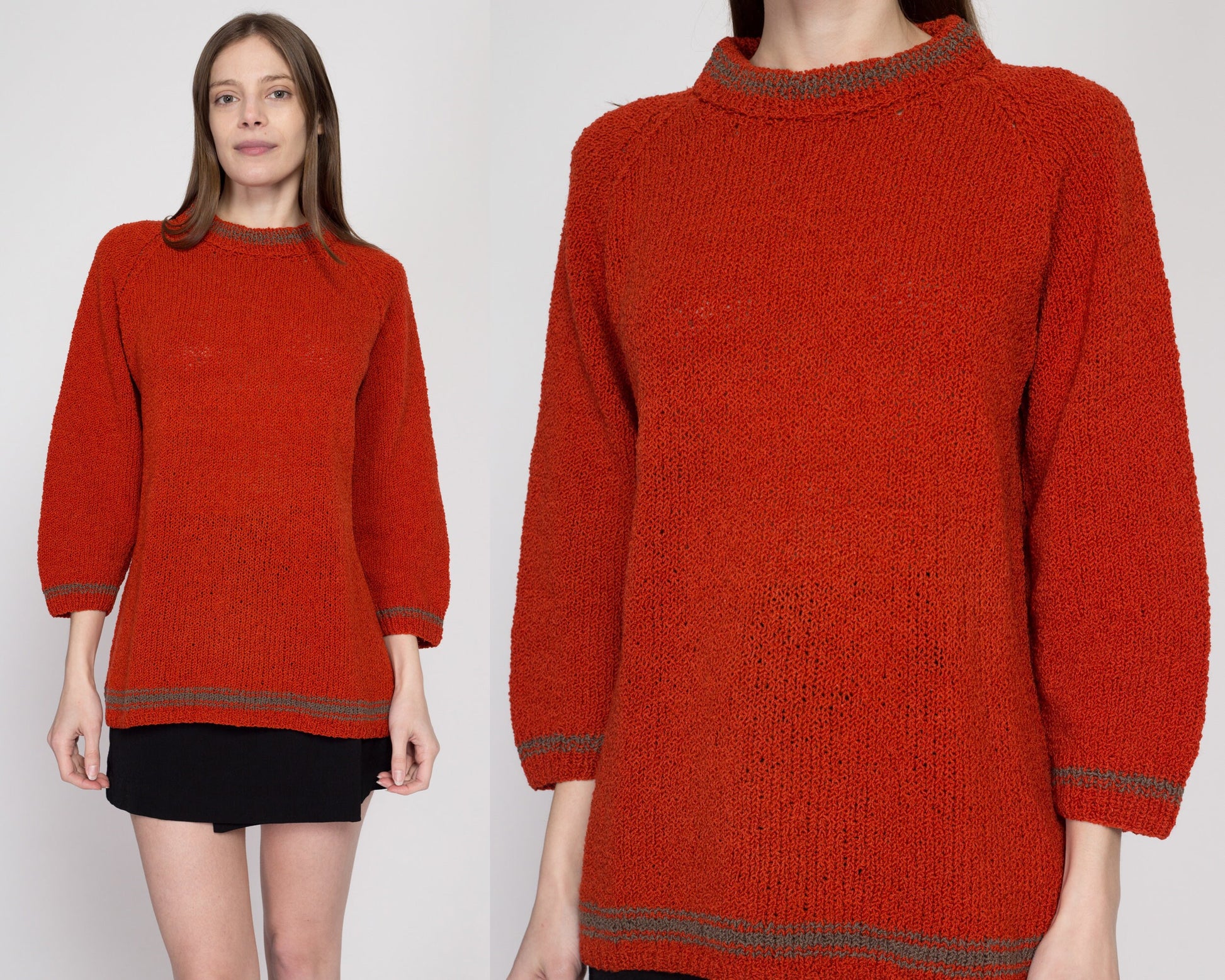 Large 70s Rust Red Funnel Neck Sweater | Vintage Knit Striped Trim Long Pullover Jumper