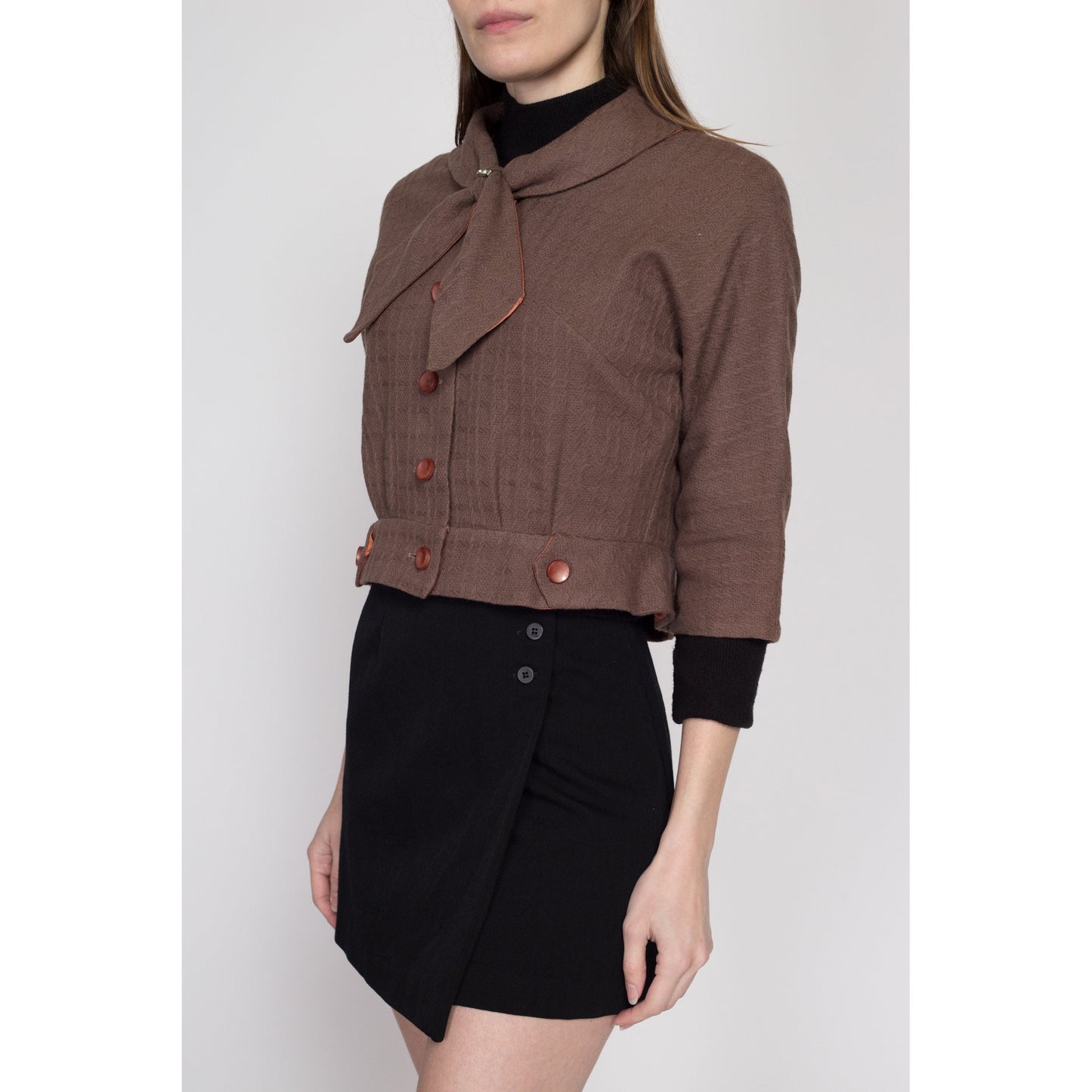 Medium 1950s Cropped Brown Wool Ascot Jacket | Vintage 50s 3/4 Sleeve Jeweled Trim Short Blazer Suit Jacket