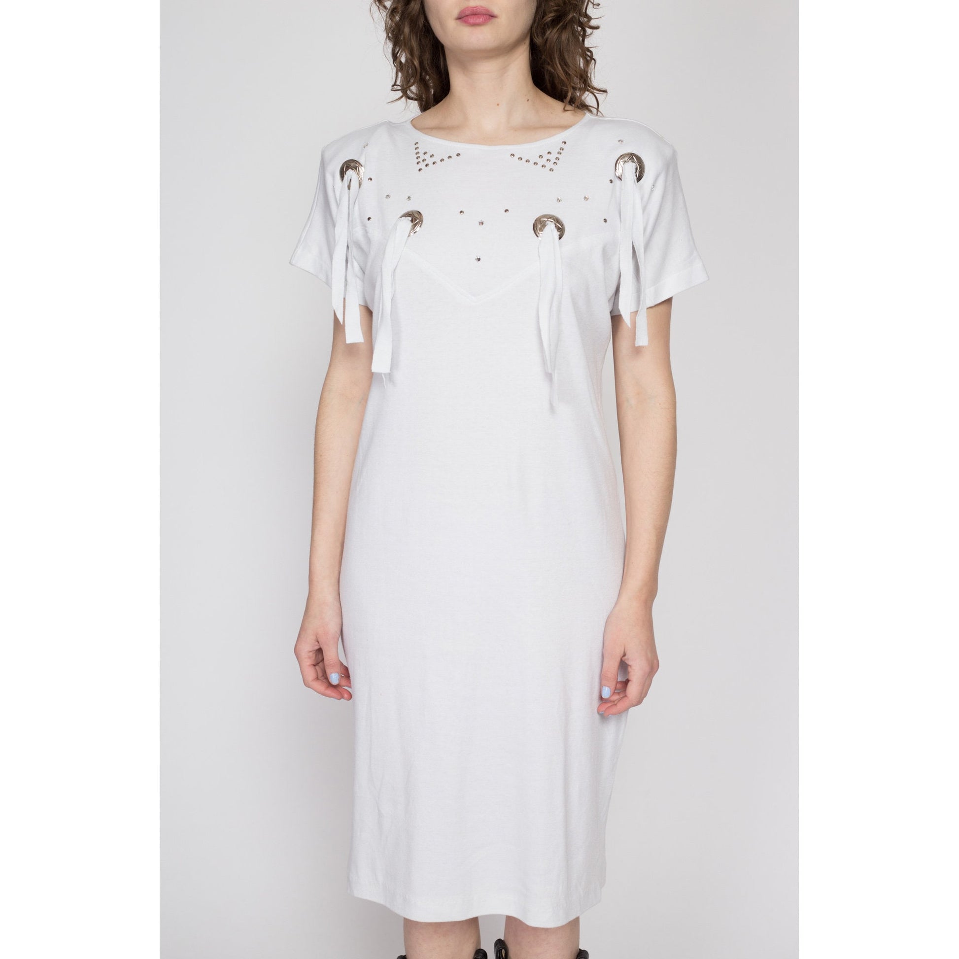 80s White Western Concho T-Shirt Dress - Medium Flying Apple Vintage 80s White Western Concho T-Shirt Dress - Medium Flying Apple Vintage