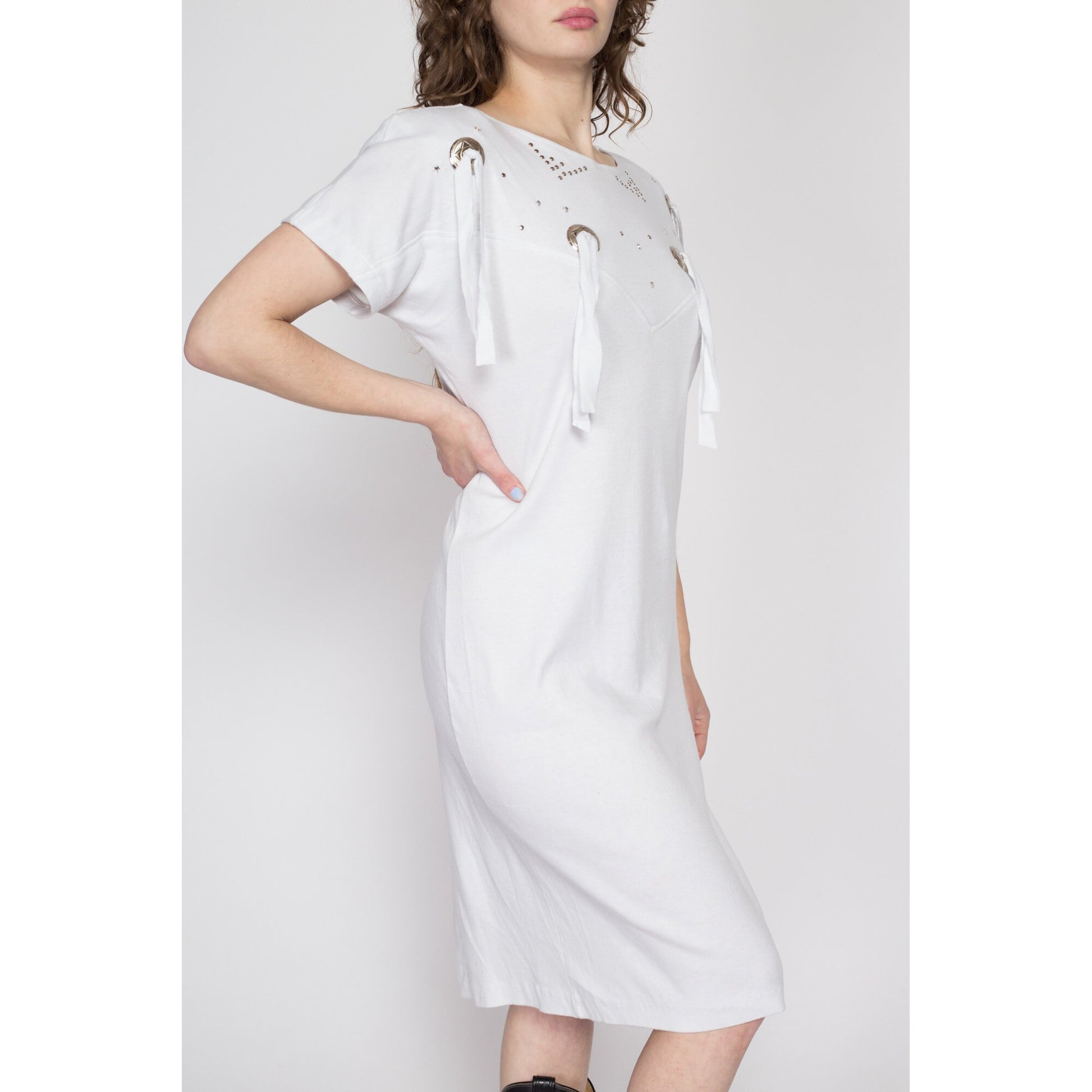 white dress 80s 80s White Western Concho T-Shirt Dress