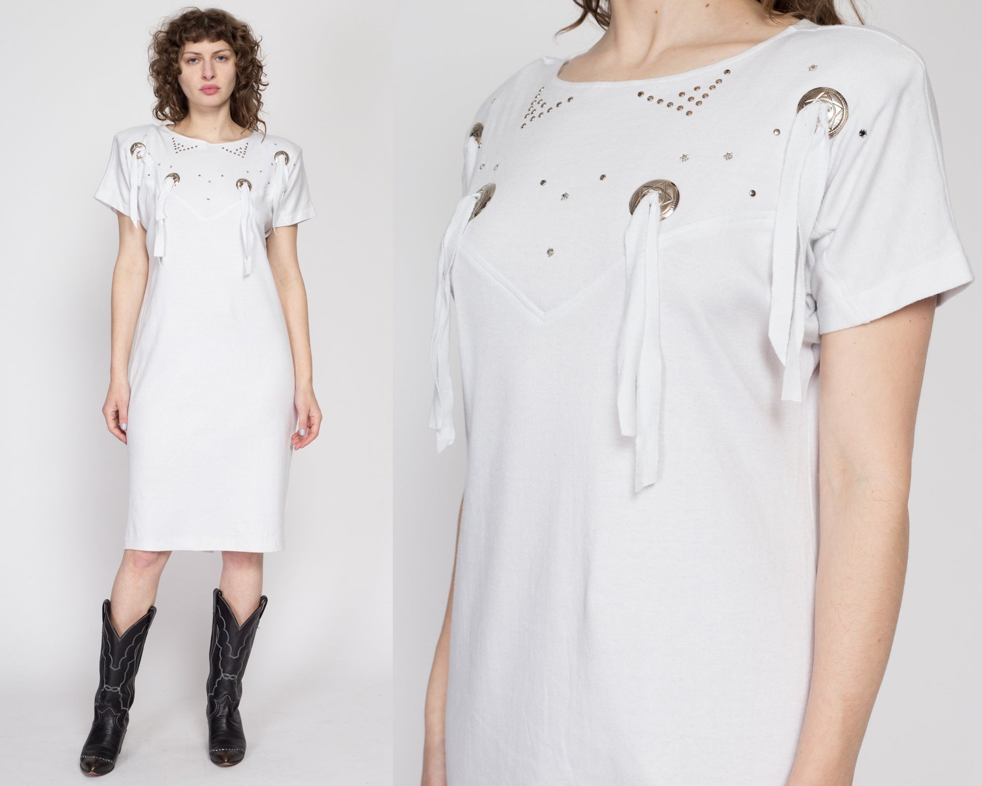 Medium 80s White Western Concho T-Shirt Dress | Vintage Tassel Trim Studded Midi Dress