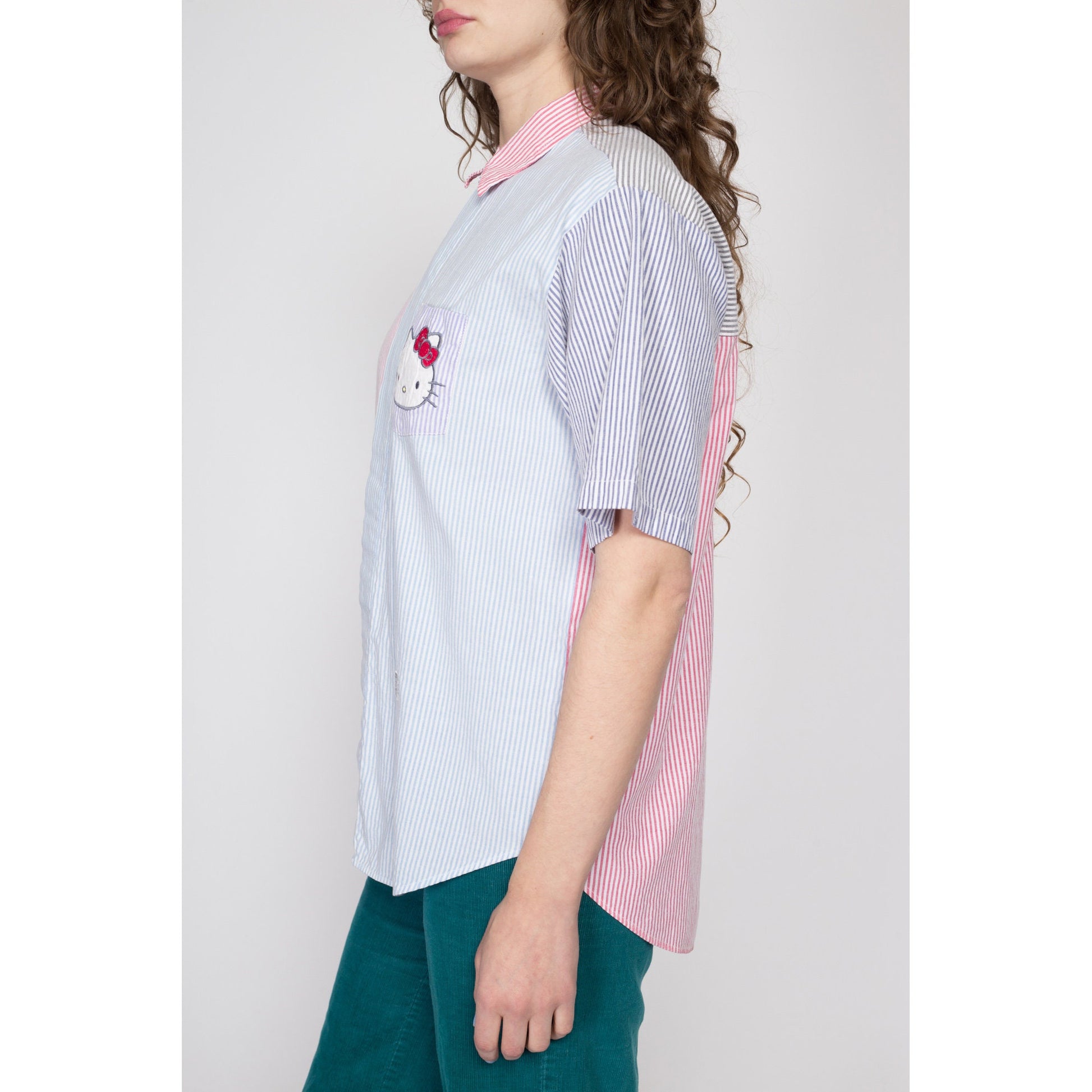 Large 80s 90s Hello Kitty Pastel Striped Button Up Top | Vintage Short Sleeve Collared Color Block Shirt