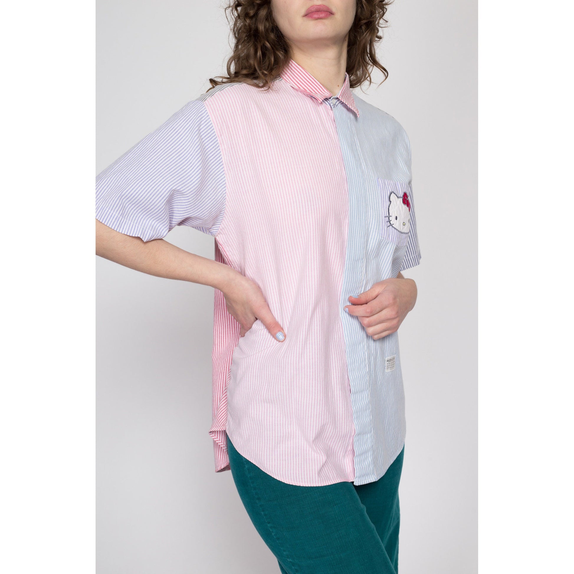 Large 80s 90s Hello Kitty Pastel Striped Button Up Top | Vintage Short Sleeve Collared Color Block Shirt