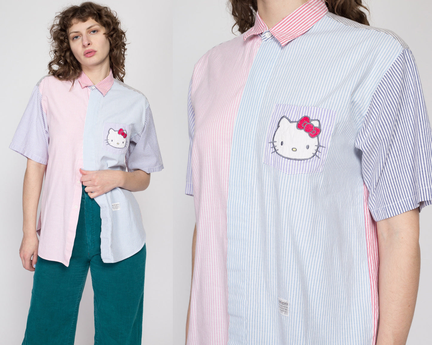Large 80s 90s Hello Kitty Pastel Striped Button Up Top | Vintage Short Sleeve Collared Color Block Shirt
