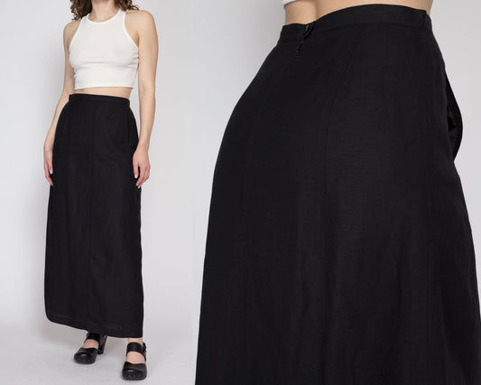 Medium 90s Harve Benard Minimalist Black Linen Maxi Skirt 27.5" | Vintage High Waisted Ankle Length Grunge Skirt