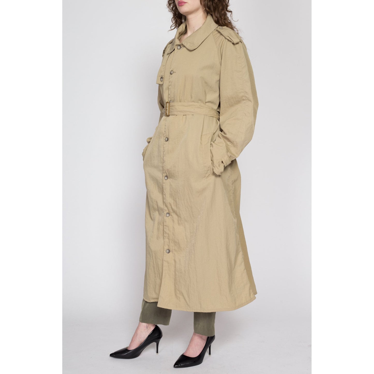 Lrg-XL 80s Banana Republic Khaki Nylon Safari Trench Coat Unisex | Vintage Belted Button Up Long Duster Jacket