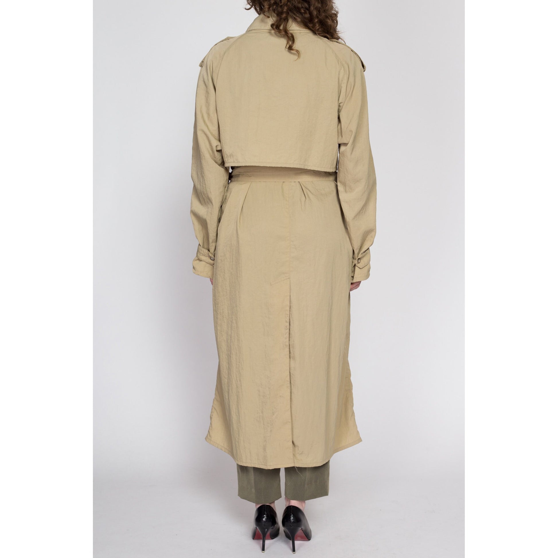 Lrg-XL 80s Banana Republic Khaki Nylon Safari Trench Coat Unisex | Vintage Belted Button Up Long Duster Jacket