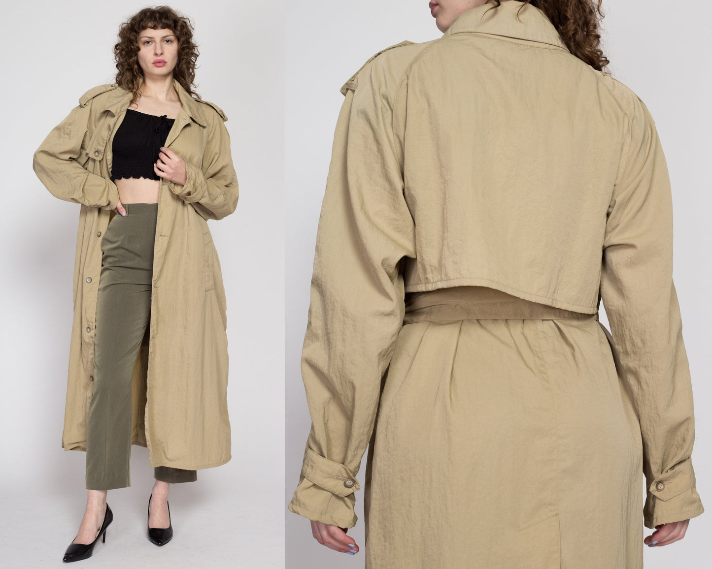 Lrg-XL 80s Banana Republic Khaki Nylon Safari Trench Coat Unisex | Vintage Belted Button Up Long Duster Jacket