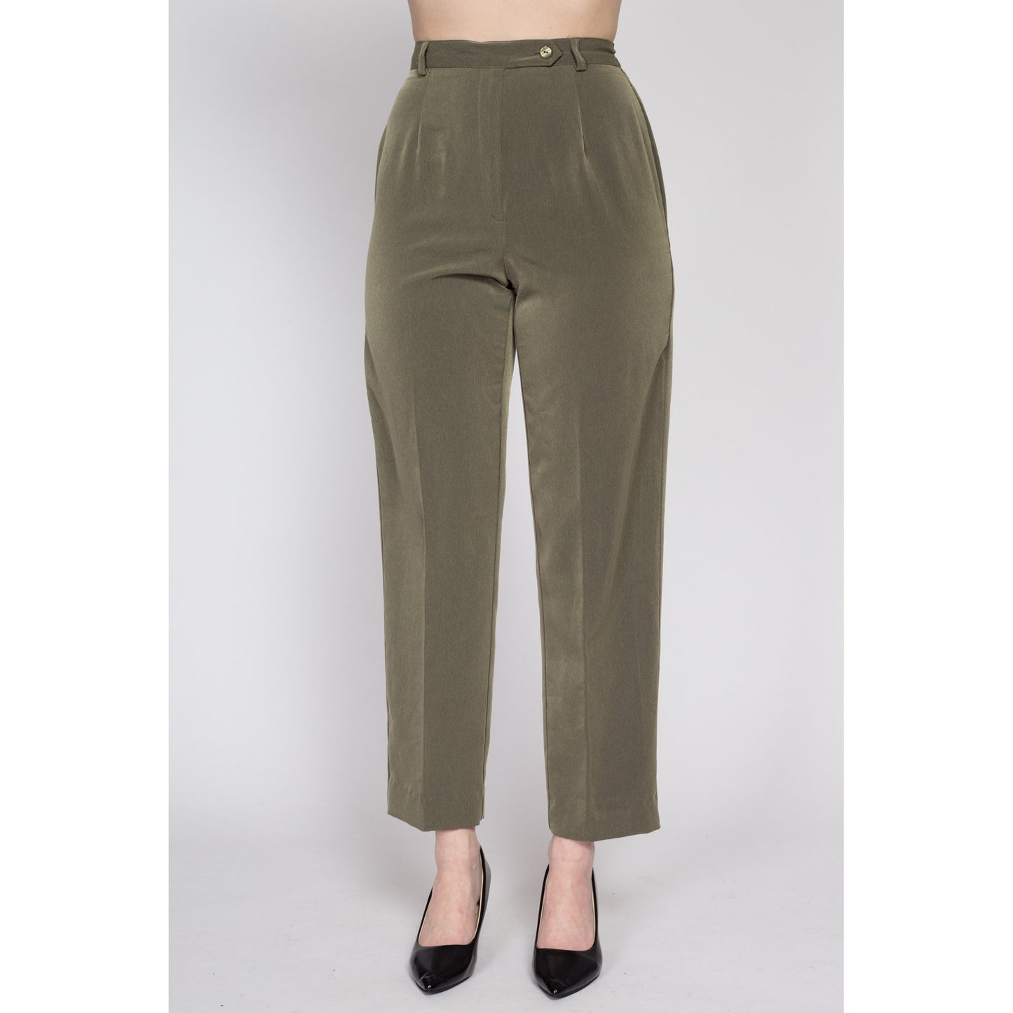 XS 90s Shiny Olive Green High Waisted Trousers 25" | Vintage Tapered Leg Curvy Fit Ankle Pants
