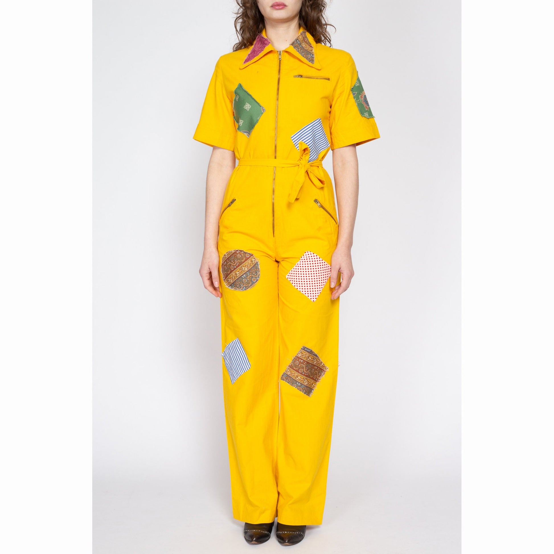 Medium 70s Yellow Patchwork Coverall Jumpsuit – Flying Apple Vintage