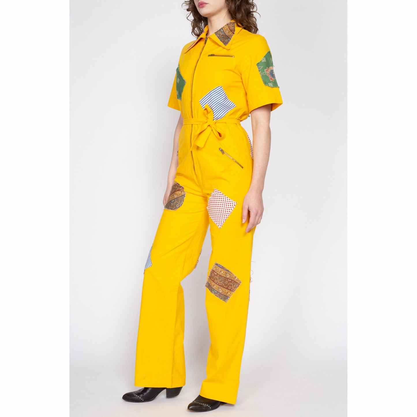 Medium 70s Yellow Patchwork Coverall Jumpsuit | Retro Vintage Collared Straight Leg Zip Up Boiler Suit One Piece Outfit