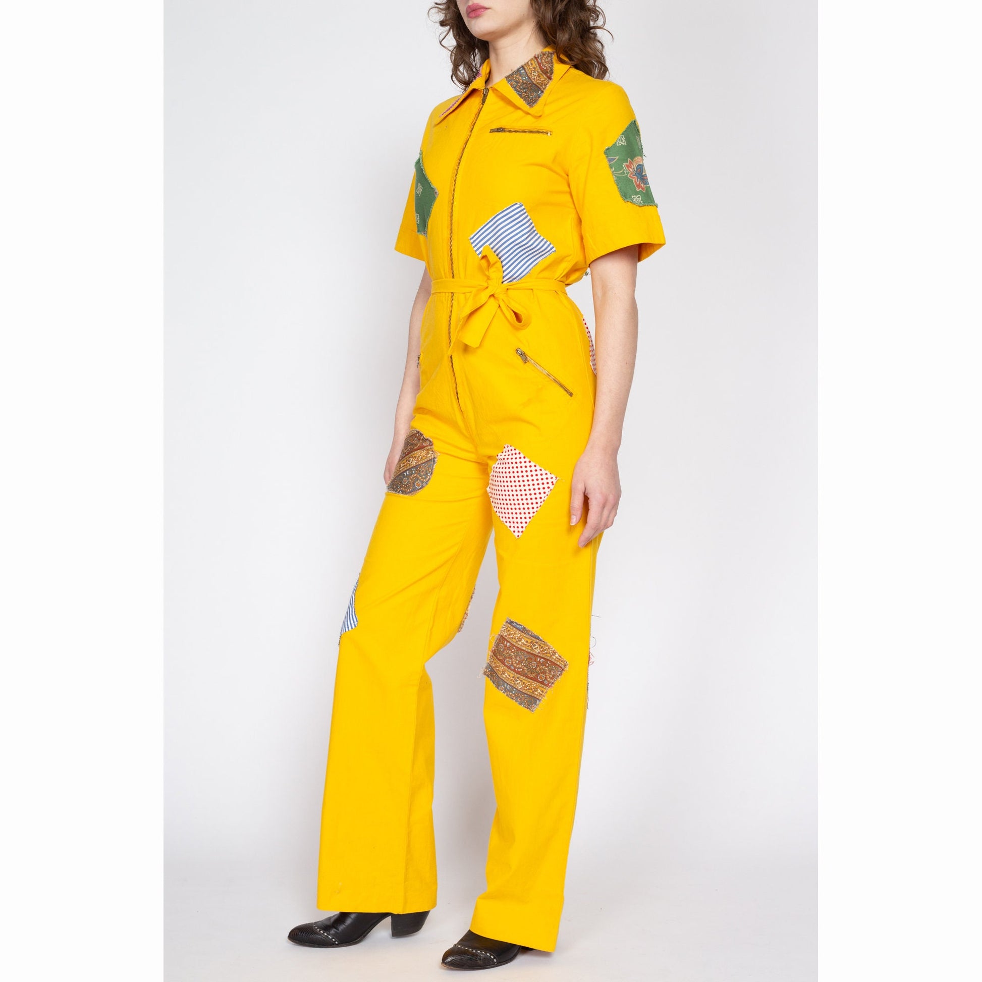 Medium 70s Yellow Patchwork Coverall Jumpsuit | Retro Vintage Collared Straight Leg Zip Up Boiler Suit One Piece Outfit