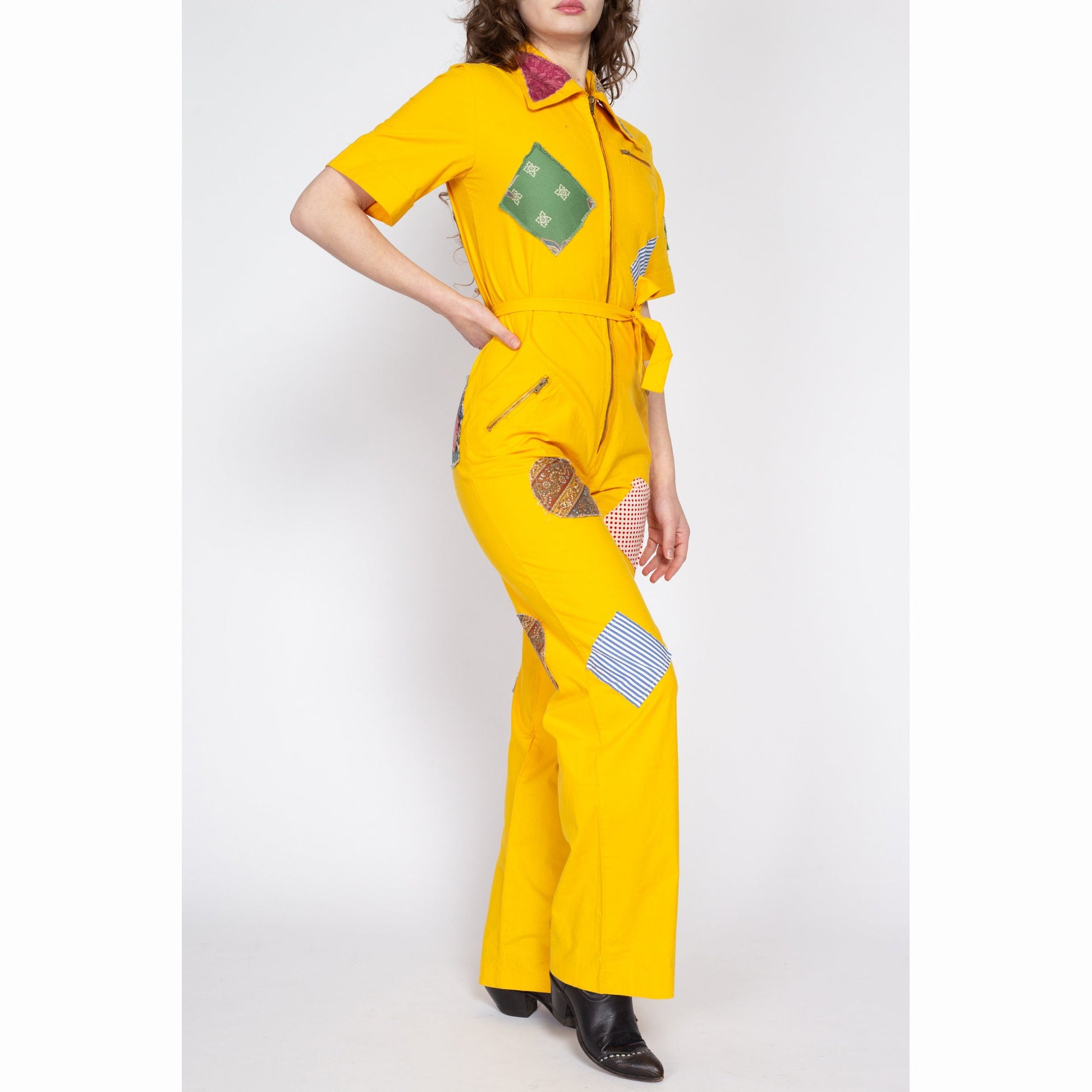 Medium 70s Yellow Patchwork Coverall Jumpsuit | Retro Vintage Collared Straight Leg Zip Up Boiler Suit One Piece Outfit
