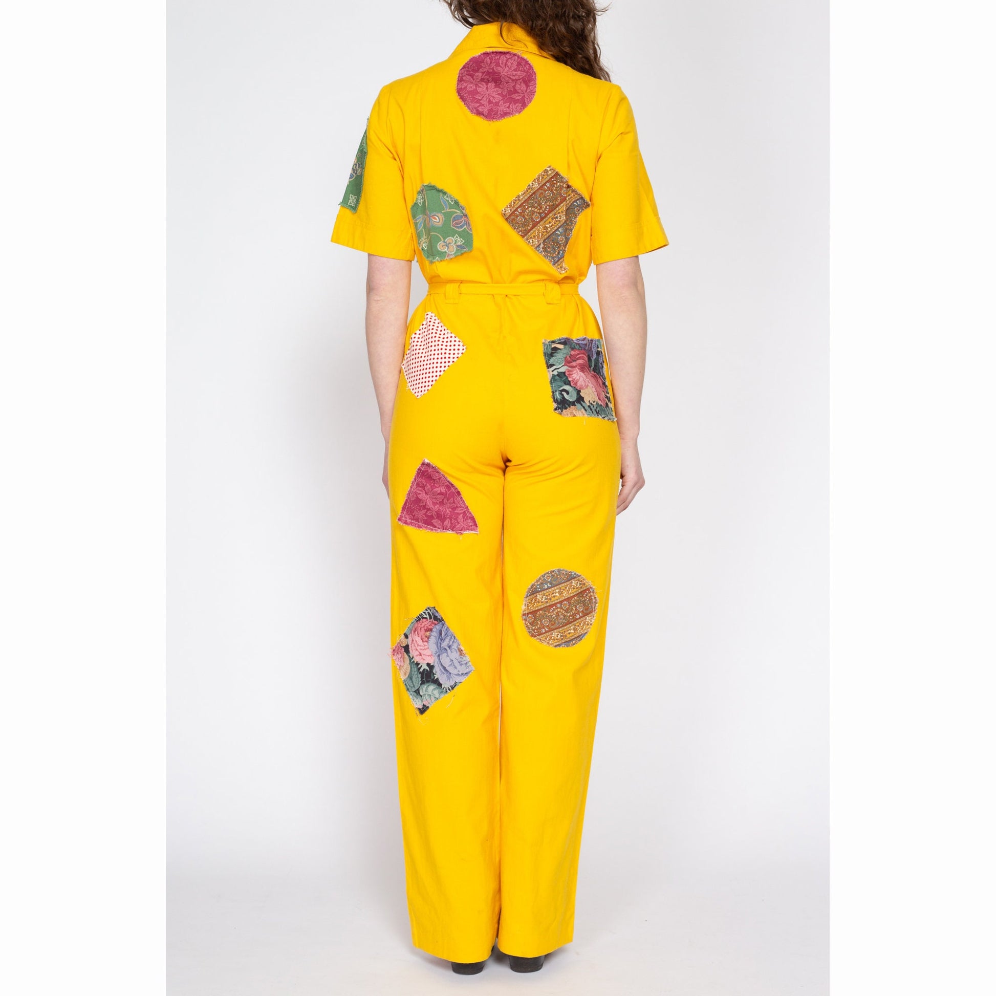 Medium 70s Yellow Patchwork Coverall Jumpsuit | Retro Vintage Collared Straight Leg Zip Up Boiler Suit One Piece Outfit