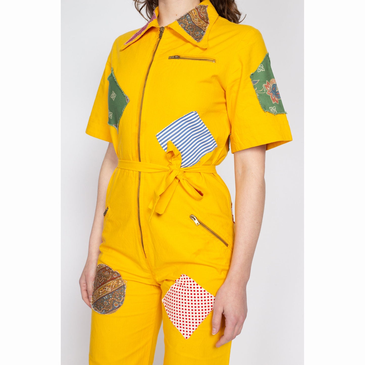Medium 70s Yellow Patchwork Coverall Jumpsuit | Retro Vintage Collared Straight Leg Zip Up Boiler Suit One Piece Outfit
