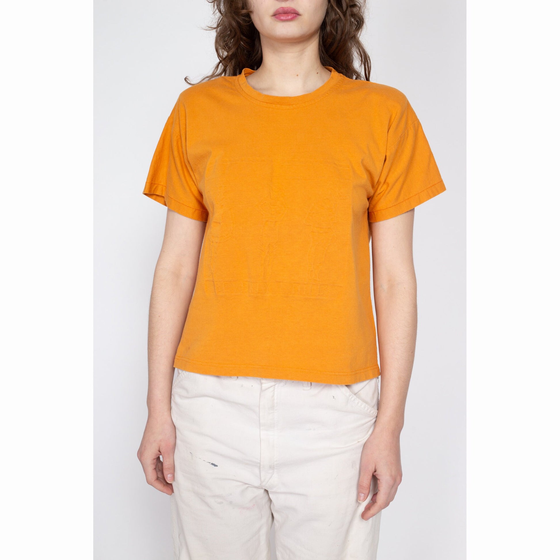 Sm-Lrg 80s Orange Embossed Beverly Hills Boxy T Shirt | Vintage Short Sleeve Cropped Tourist Tee