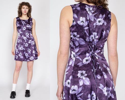 Med-Lrg 90s Y2K Purple Floral Lace-Up Dress | Vintage Boho Grunge Summer Mini Dress