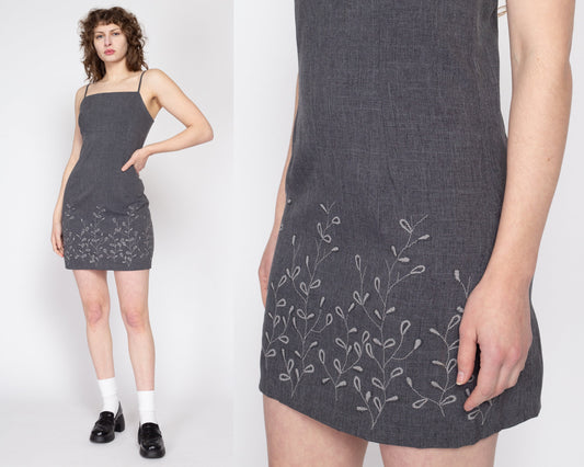 Small 90s Grey Floral Embroidered Mini Dress | Vintage Spaghetti Strap Fitted Party Dress