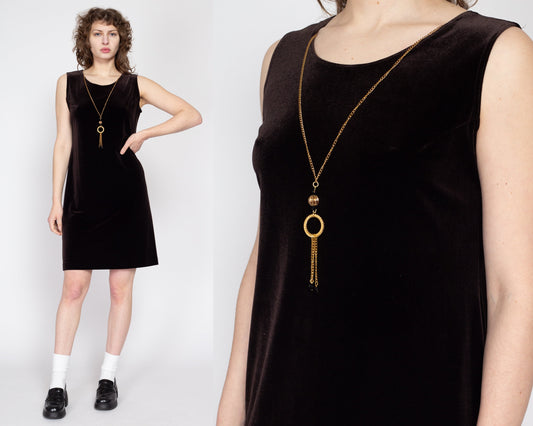 Large 90s Brown Velvet Built-In Necklace Mini Dress | Vintage Sleeveless Grunge Shift Dress