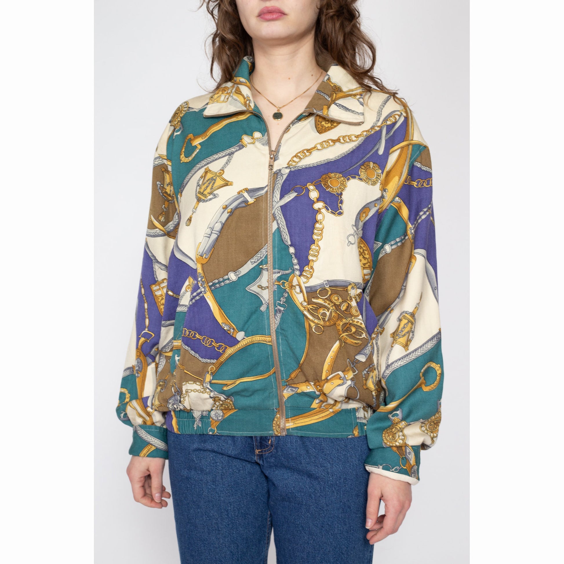 Large 80s Silk Baroque Chain Print Jacket | Vintage Zip Up All Over Print Novelty Bomber