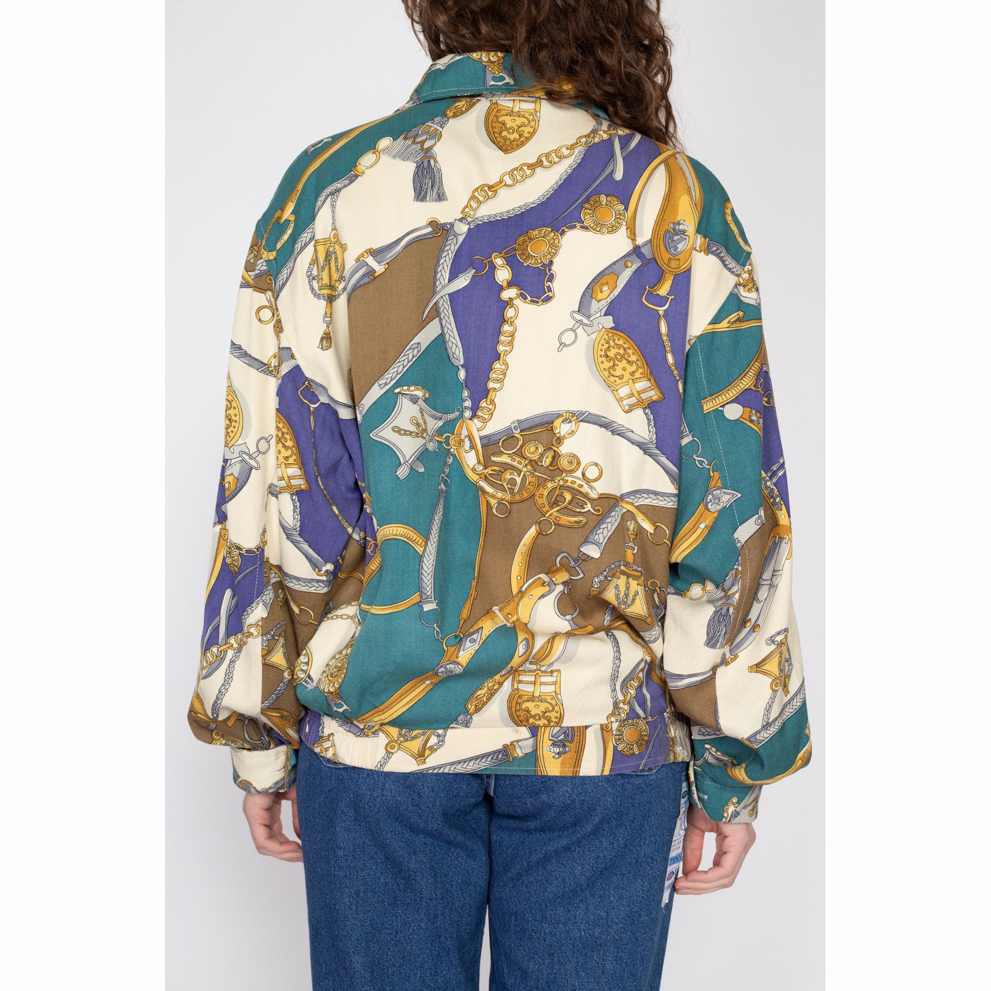 Large 80s Silk Baroque Chain Print Jacket | Vintage Zip Up All Over Print Novelty Bomber