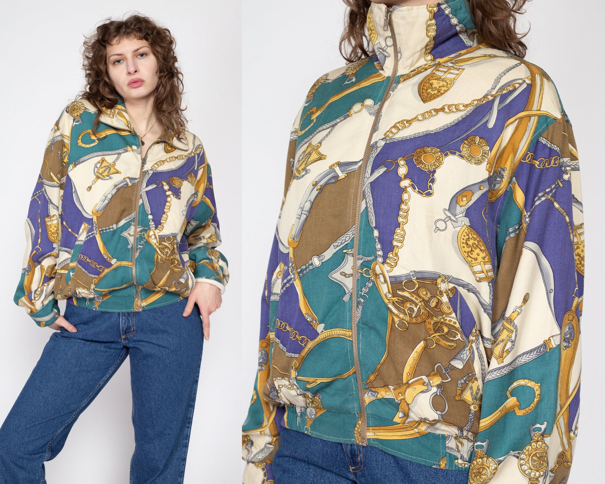 Large 80s Silk Baroque Chain Print Jacket | Vintage Zip Up All Over Print Novelty Bomber