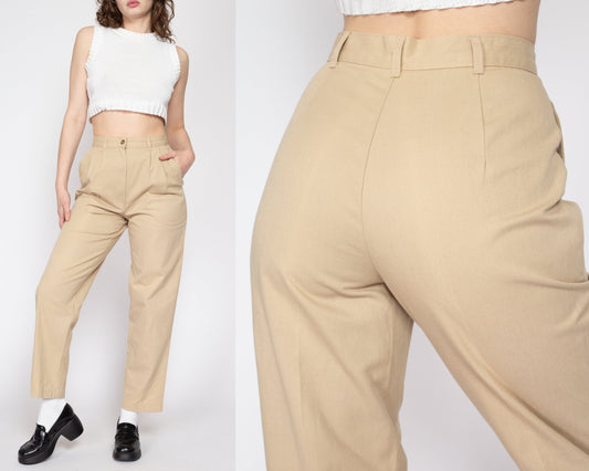 Small 80s Khaki High Waisted Trousers 27" | Vintage Pleated Tapered Leg Mom Pants