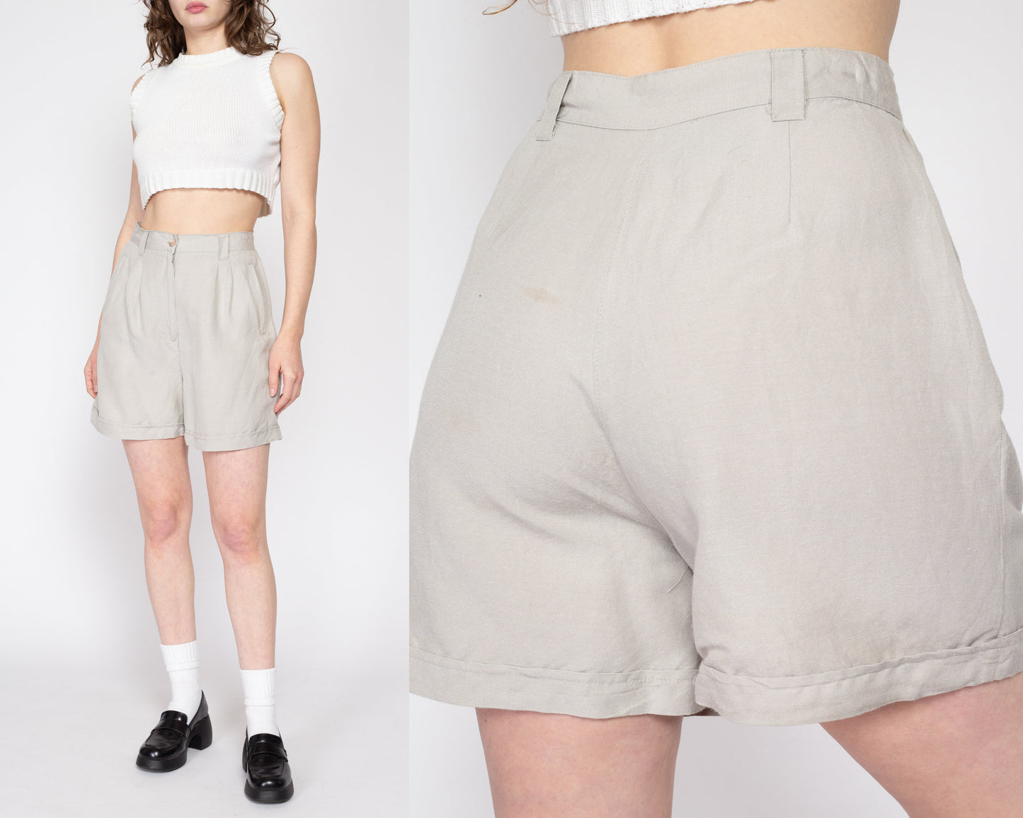 Medium 90s Linen Blend High Waisted Shorts 28" | Vintage Minimalist Light Grey Pleated Wide Cuffed Leg Mom Shorts