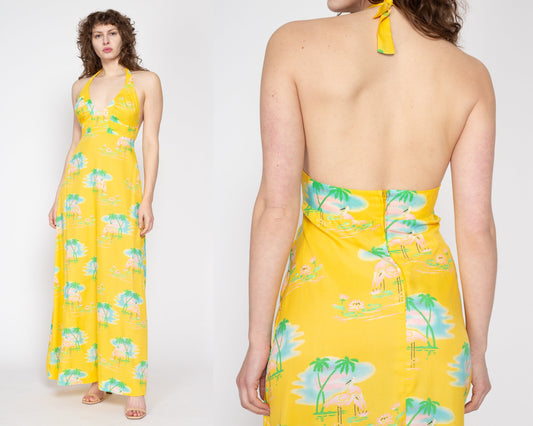 Medium 70s Yellow Flamingo & Palm Tree Print Halter Maxi Dress | Vintage Boho Tropical Backless Summer Sundress