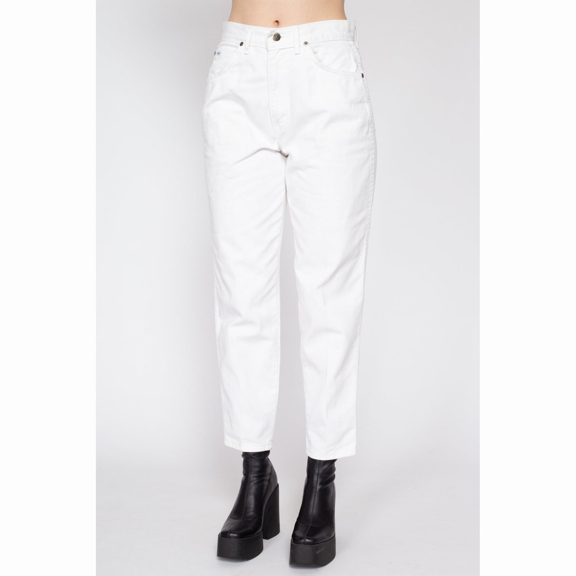 Medium 80s Chic White Denim Jeans 29" Petite | Vintage High Waisted Tapered Leg Mom Jeans