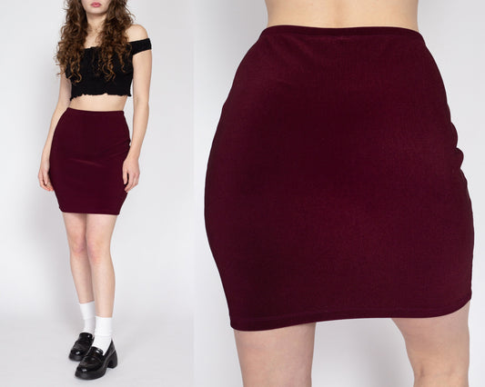 Med-Lrg 90s J. Crew Wine Red Stretchy Mini Skirt | Vintage High Waisted Minimalist Fitted Skirt