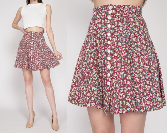 XS-Sm 90s Red Floral Grunge Mini Skater Skirt | Vintage Boho Button Front Flowy A Line High Waisted Miniskirt