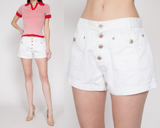 Medium 90s White Button Fly Jean Shorts 28" | Vintage Mid Rise Cotton Denim Cheeky Booty Shorts