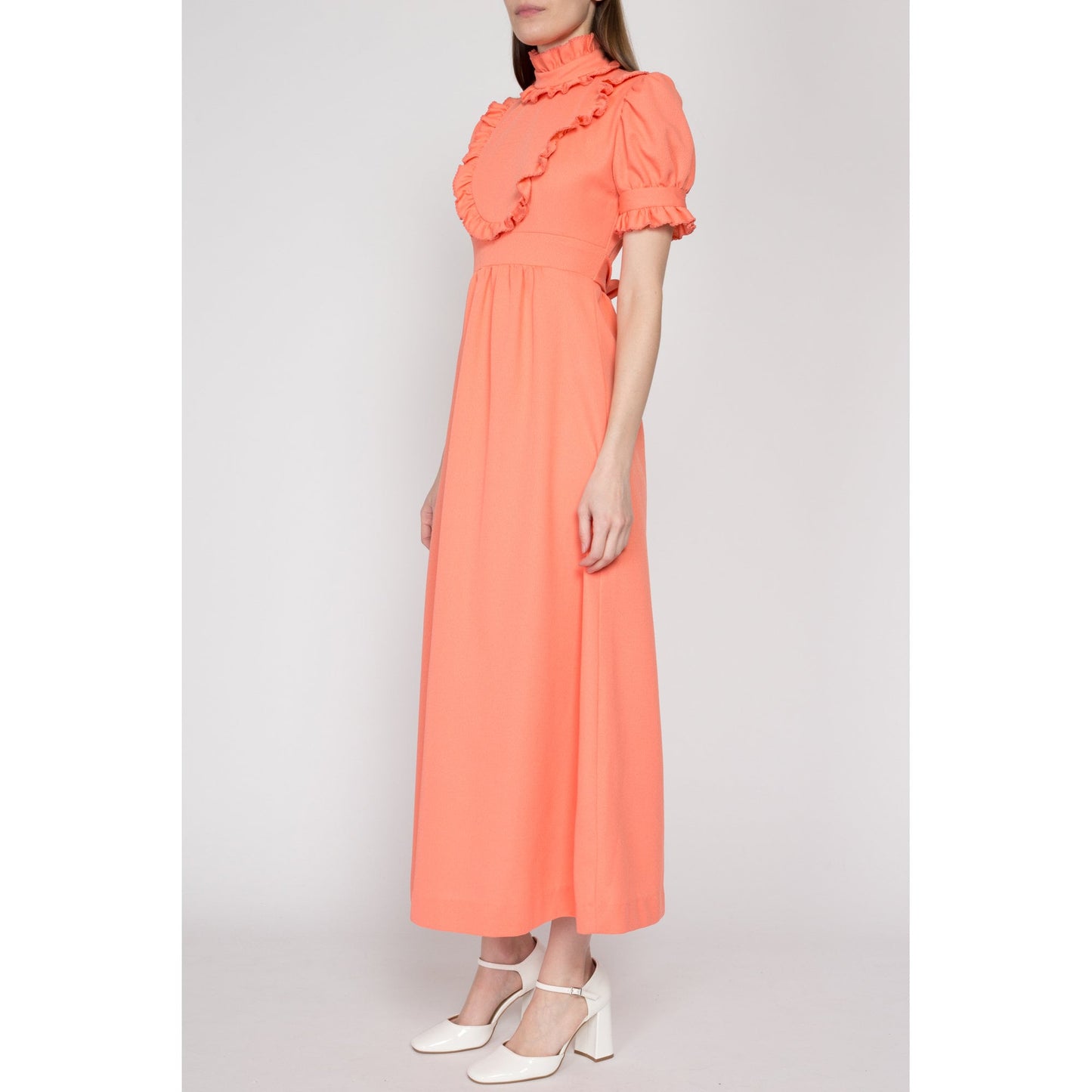 XS 70s Peach Prairie Puff Sleeve Maxi Dress | Boho Vintage Orange A Line Cottagecore Ruffle Trim Hippie Gown