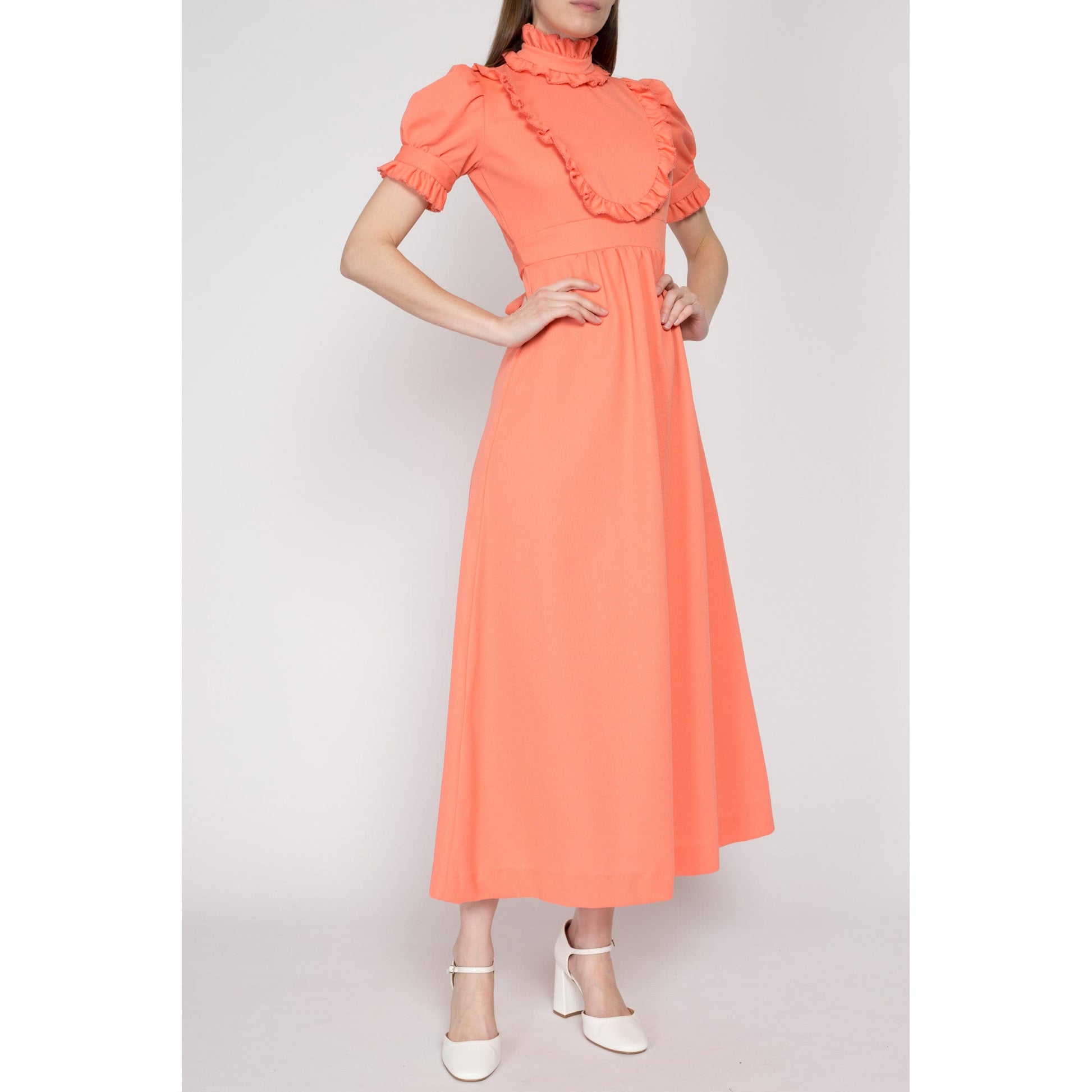 70s Peach Prairie Puff Sleeve Maxi Dress