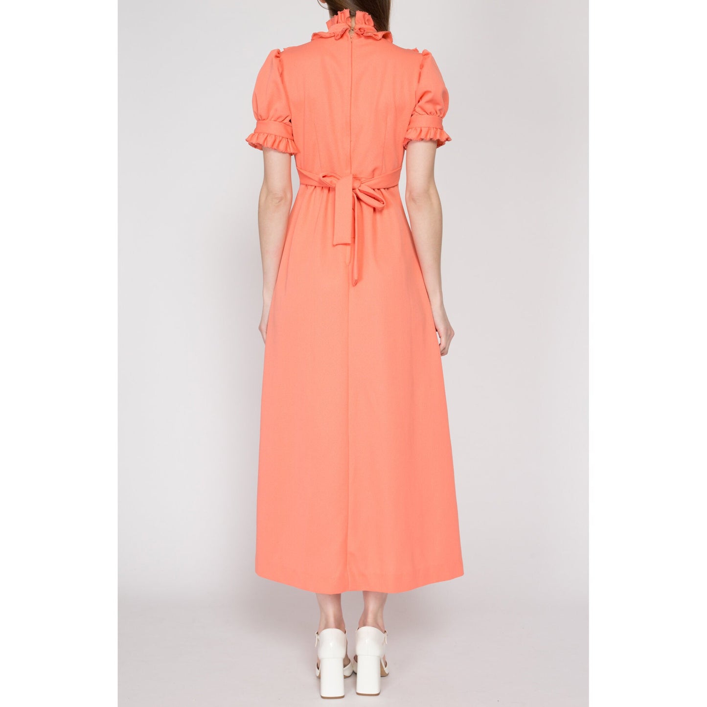 XS 70s Peach Prairie Puff Sleeve Maxi Dress | Boho Vintage Orange A Line Cottagecore Ruffle Trim Hippie Gown