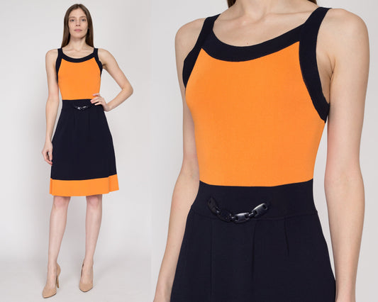 Small Y2K Luisa Spagnoli Color Block Knit Mini Cocktail Dress | Vintage Designer Navy Blue Orange Chain Belt A Line Party Dress