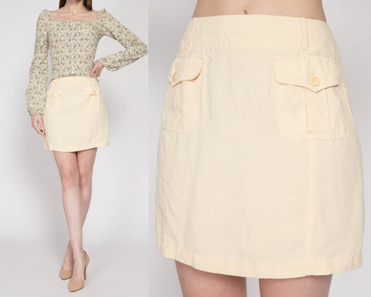 Small 90s Butter Yellow Silk Mini Skirt | Vintage High Waisted Minimalist A Line Pocket Skirt