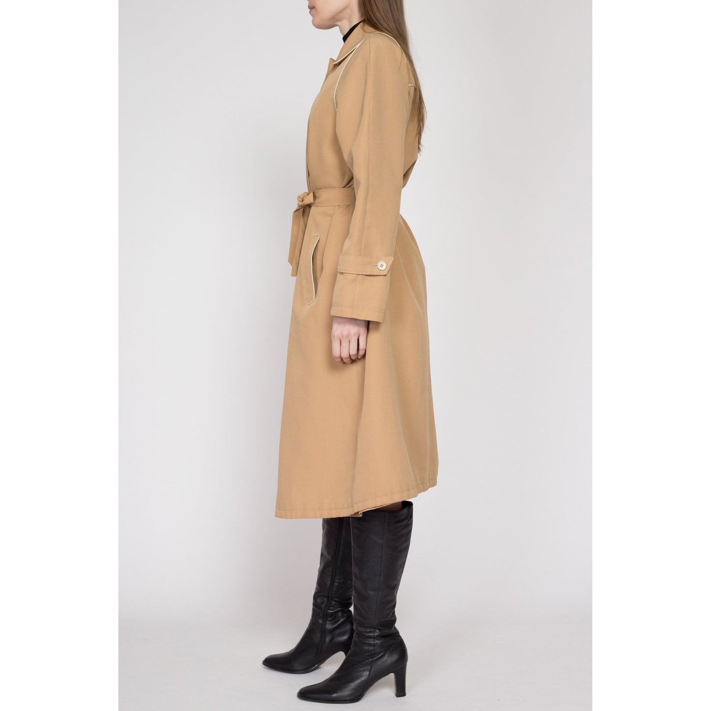 Large 80s Tan Piped Trim Belted Trench Coat | Vintage Minimalist Round Collar Button Up Long Jacket