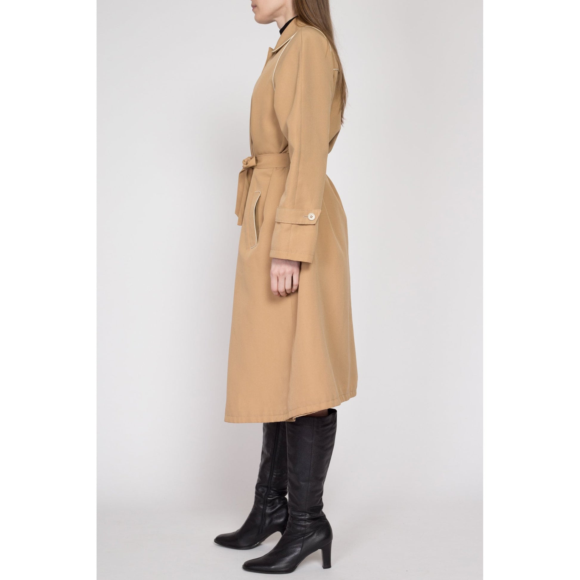 Large 80s Tan Piped Trim Belted Trench Coat | Vintage Minimalist Round Collar Button Up Long Jacket