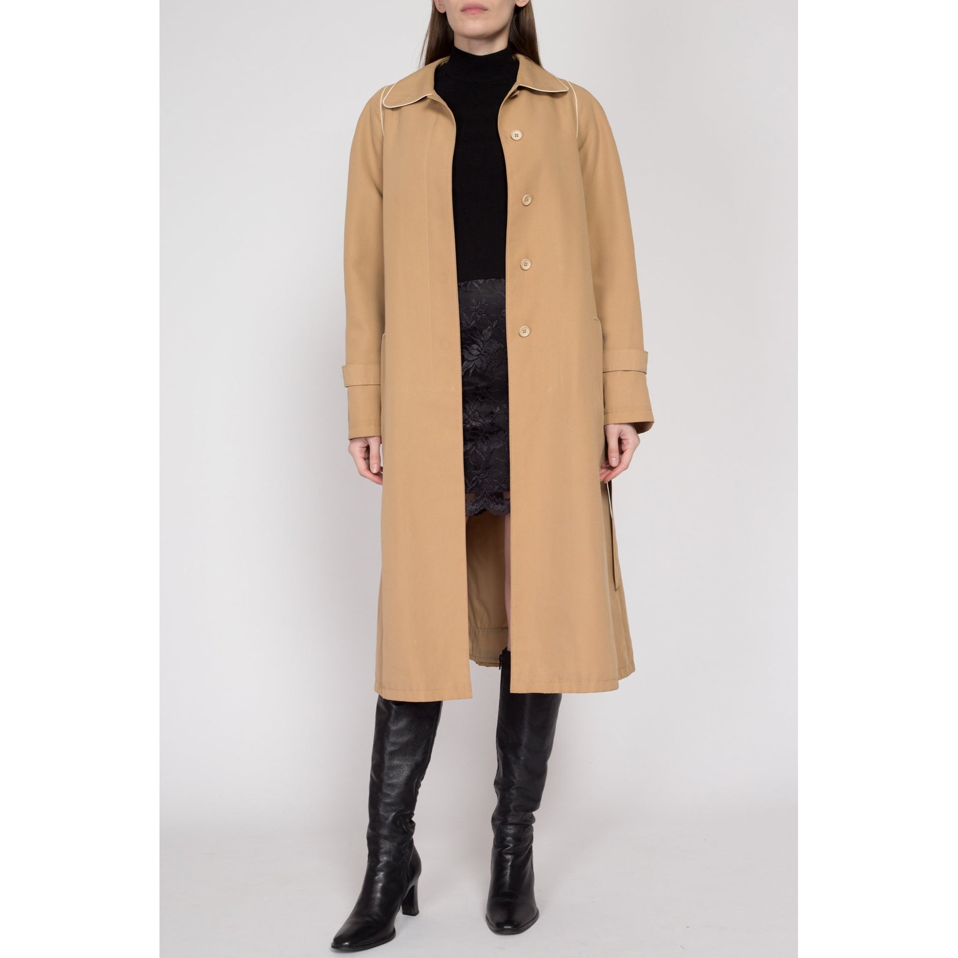 Large 80s Tan Piped Trim Belted Trench Coat | Vintage Minimalist Round Collar Button Up Long Jacket