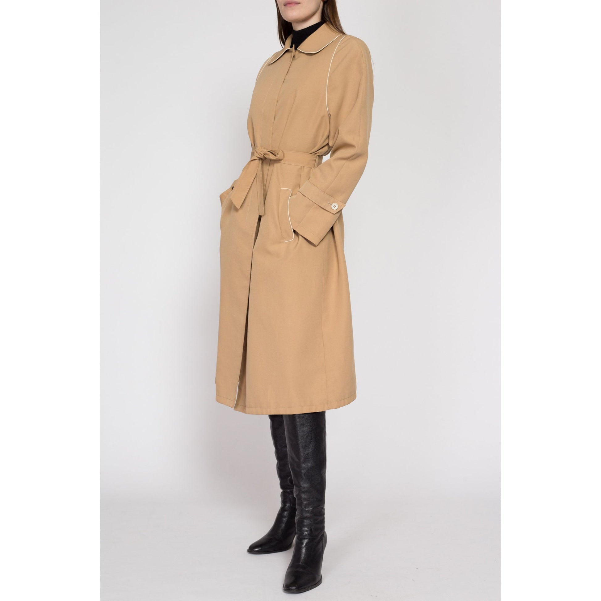 Large 80s Tan Piped Trim Belted Trench Coat | Vintage Minimalist Round Collar Button Up Long Jacket