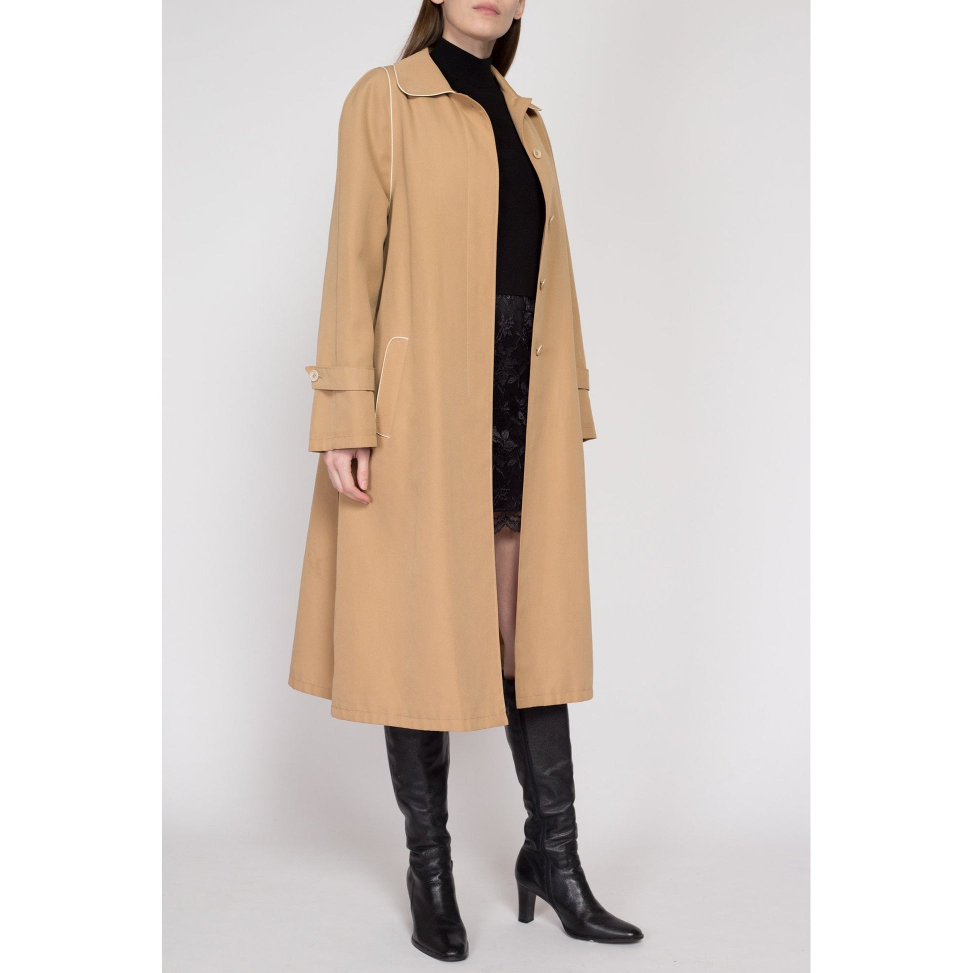 Large 80s Tan Piped Trim Belted Trench Coat | Vintage Minimalist Round Collar Button Up Long Jacket