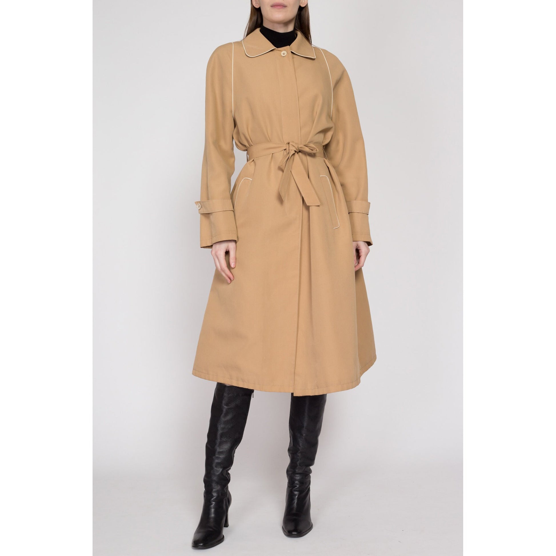 Large 80s Tan Piped Trim Belted Trench Coat | Vintage Minimalist Round Collar Button Up Long Jacket