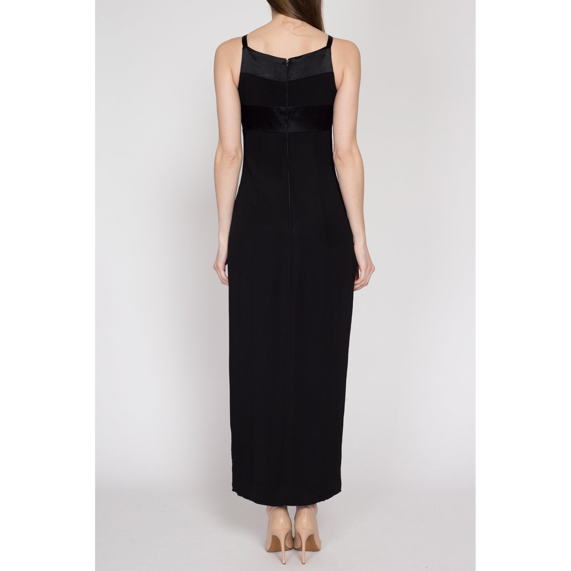 Small 90s Dave & Johnny Black Satin Trim Maxi Dress | Vintage High Slit Sleeveless Fitted Formal Evening Gown