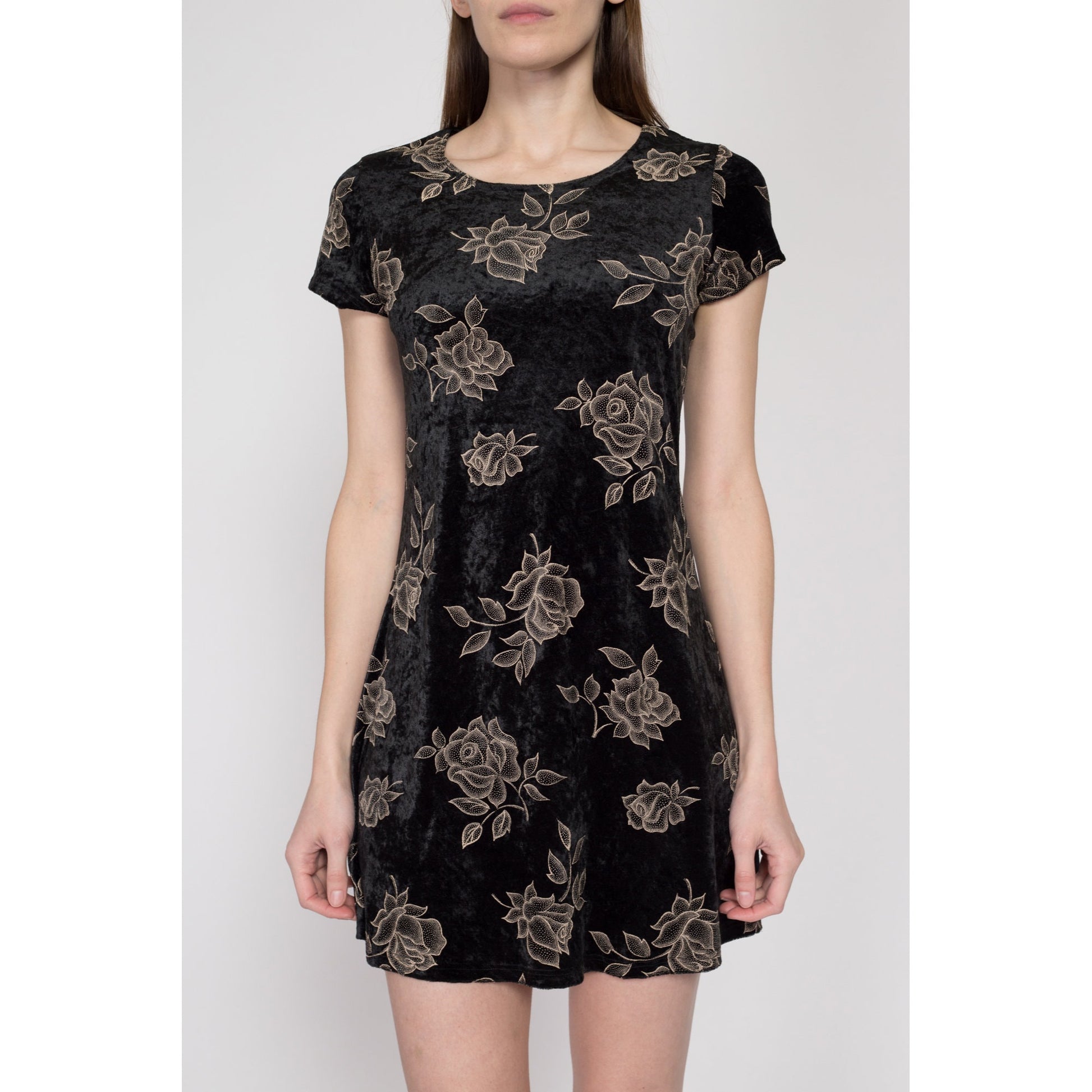 Sm-Med 90s Black Velvet Floral Mini Dress | Vintage Grunge Short Sleeve A Line Little Black Dress