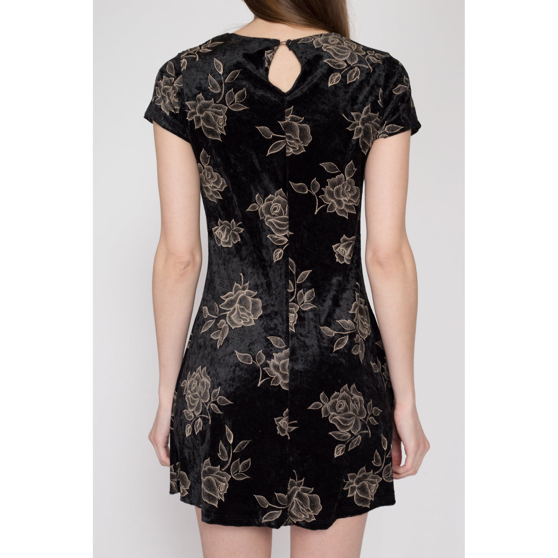 Sm-Med 90s Black Velvet Floral Mini Dress Flying Apple Vintage Sm-Med 90s Black Velvet Floral Mini Dress Flying Apple Vintage