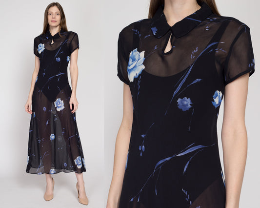 Medium 90s Sheer Black & Blue Floral Bias Cut Maxi Dress | Vintage Grunge Short Sleeve A Line Keyhole Collared Sundress