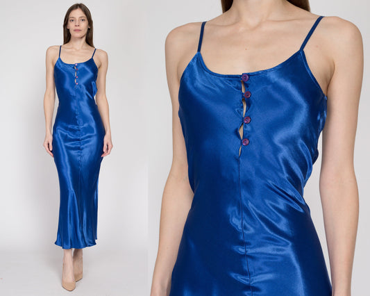 Small 80s Royal Blue Satin Slinky Bias Cut Slip Dress | Retro Vintage Negligee Maxi Nightgown