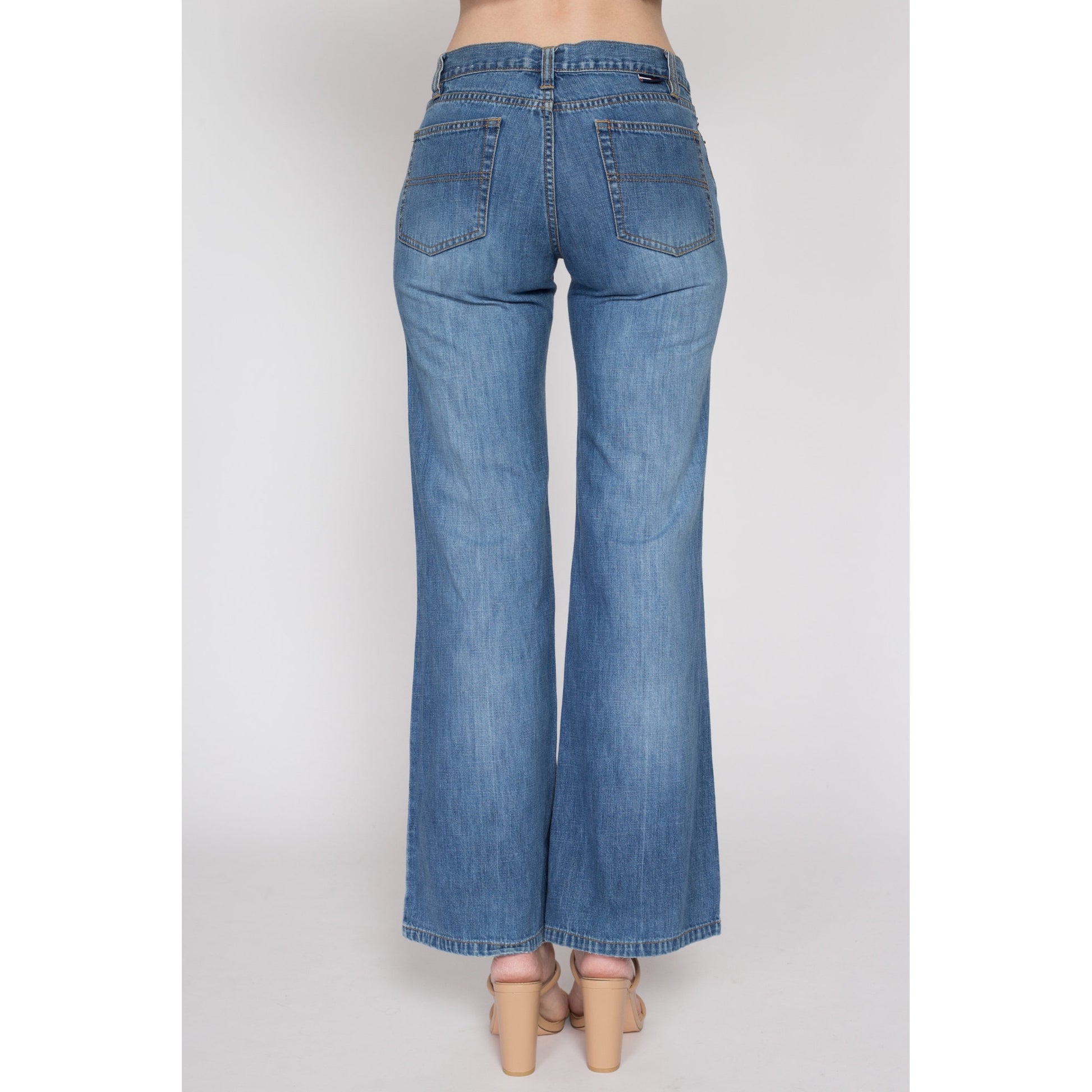 Small Y2K Tommy Hilfiger Low Rise Jeans | Vintage Faded Denim Wide Leg Bootcut Flared Jeans